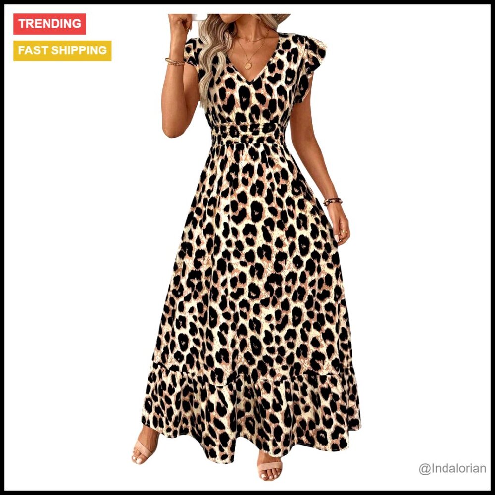Leopard Print Ruffle Cap Sleeve A Line Maxi Dress V Neck Cinched Waist Cheetah
